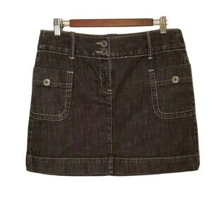 Ann Taylor Loft Black Denim Skirt Size 8 Mini Stretch Pockets Buttons Stitching